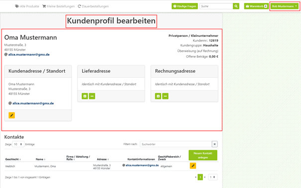 Webshopbenutzer Kundenprofil Formular