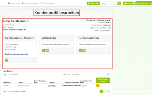 Webshop - Kundenprofil bearbeiten Formular