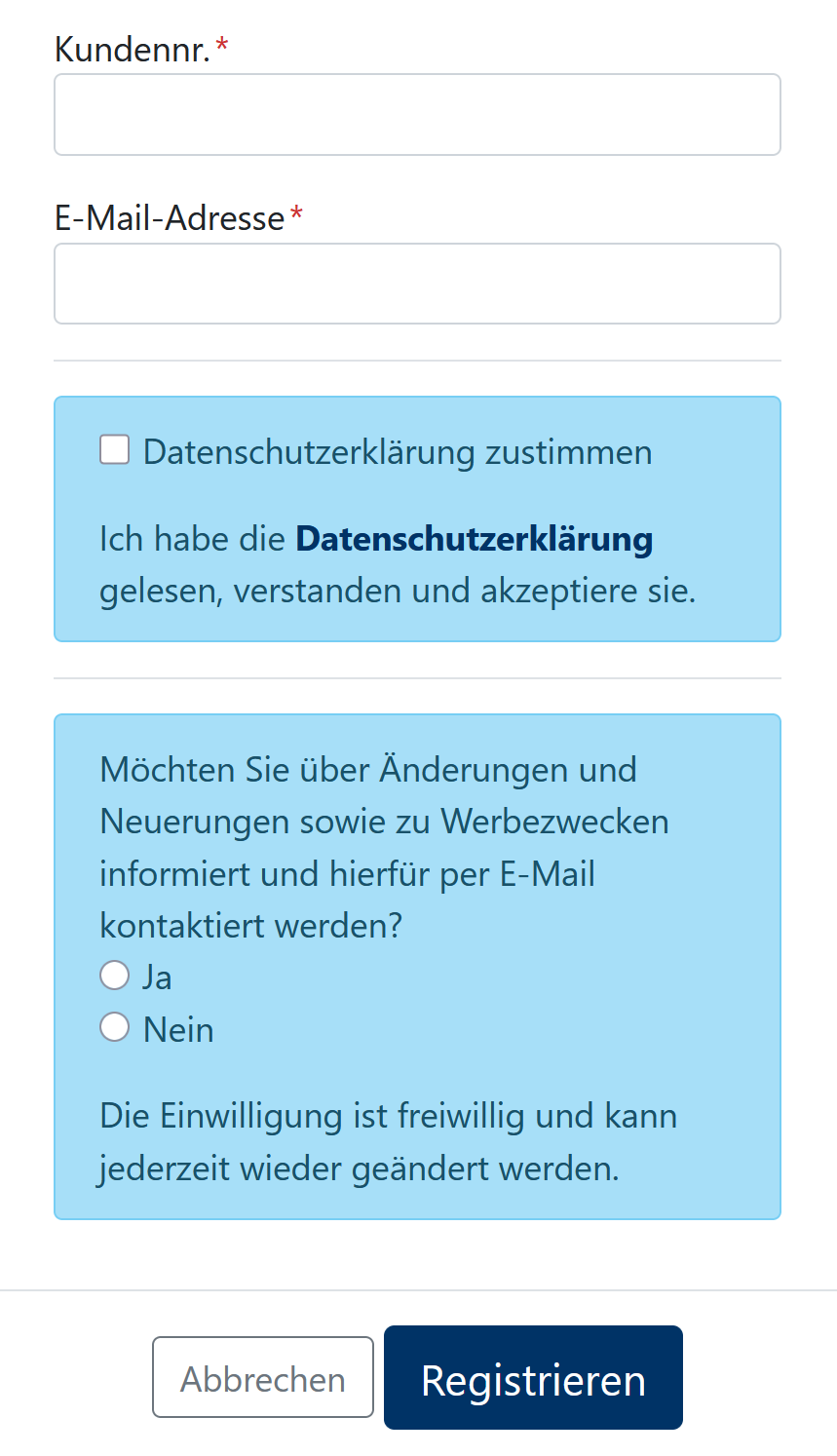 Registrierungsformular mit Kundennummer und E-Mail-Adresse